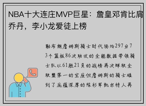 NBA十大连庄MVP巨星:詹皇邓肯比肩乔丹,李小龙爱徒上榜