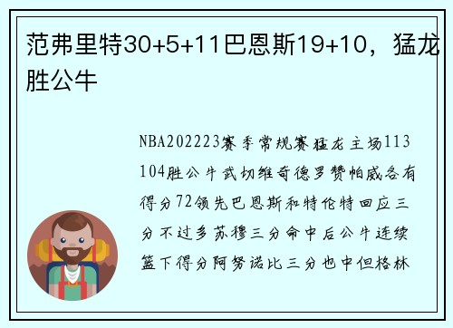 范弗里特30+5+11巴恩斯19+10，猛龙胜公牛
